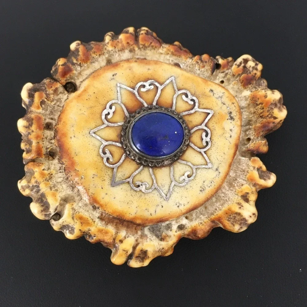 Vintage Handmade Western Antler Belt Buckle Blue Lapis Louise Signed Shanti